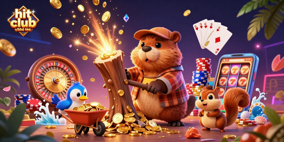 Hit club chính thức showcases a lively 3D scene of a beaver and friends collecting golden coins in a vibrant casino atmosphere.