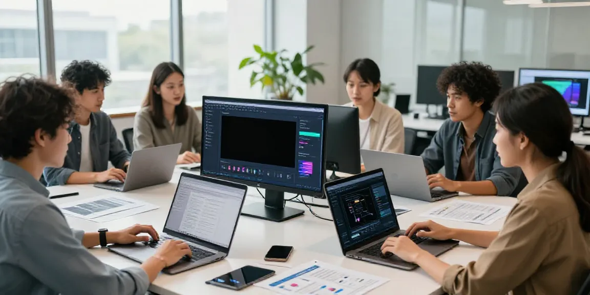 Generate email marketing copy with AI in a vibrant workspace with a collaborative team.