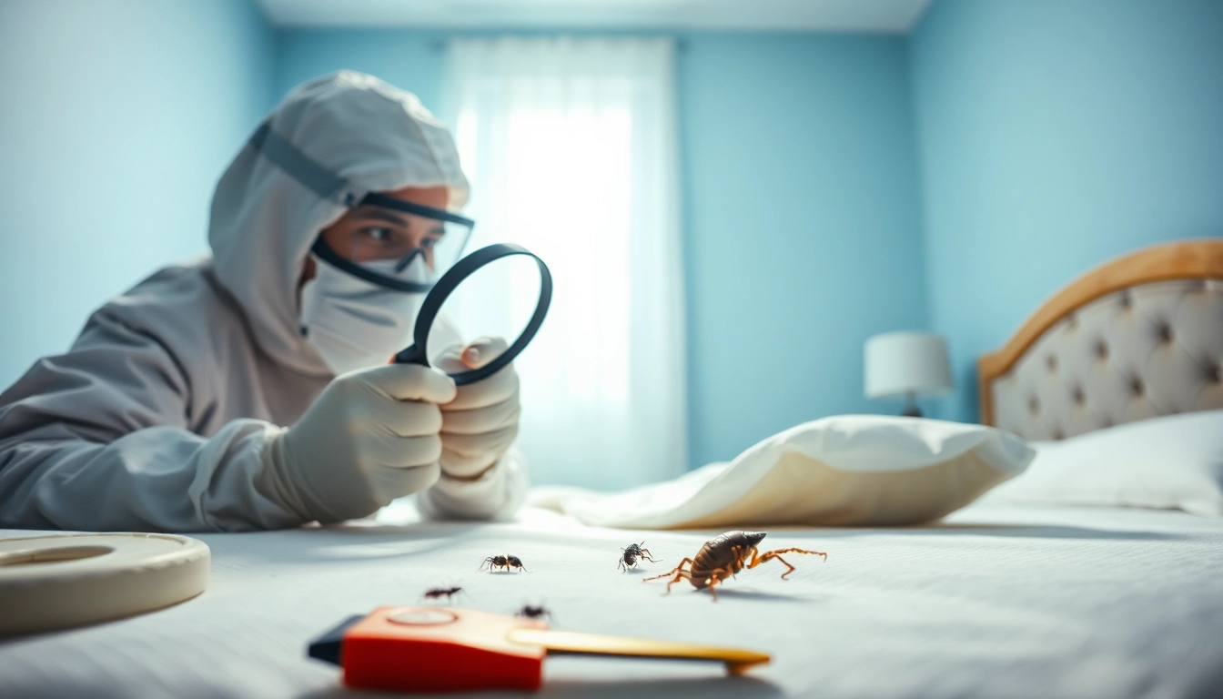 Expert conducting bed bug removal inspection using a magnifying glass in a bright bedroom setting.