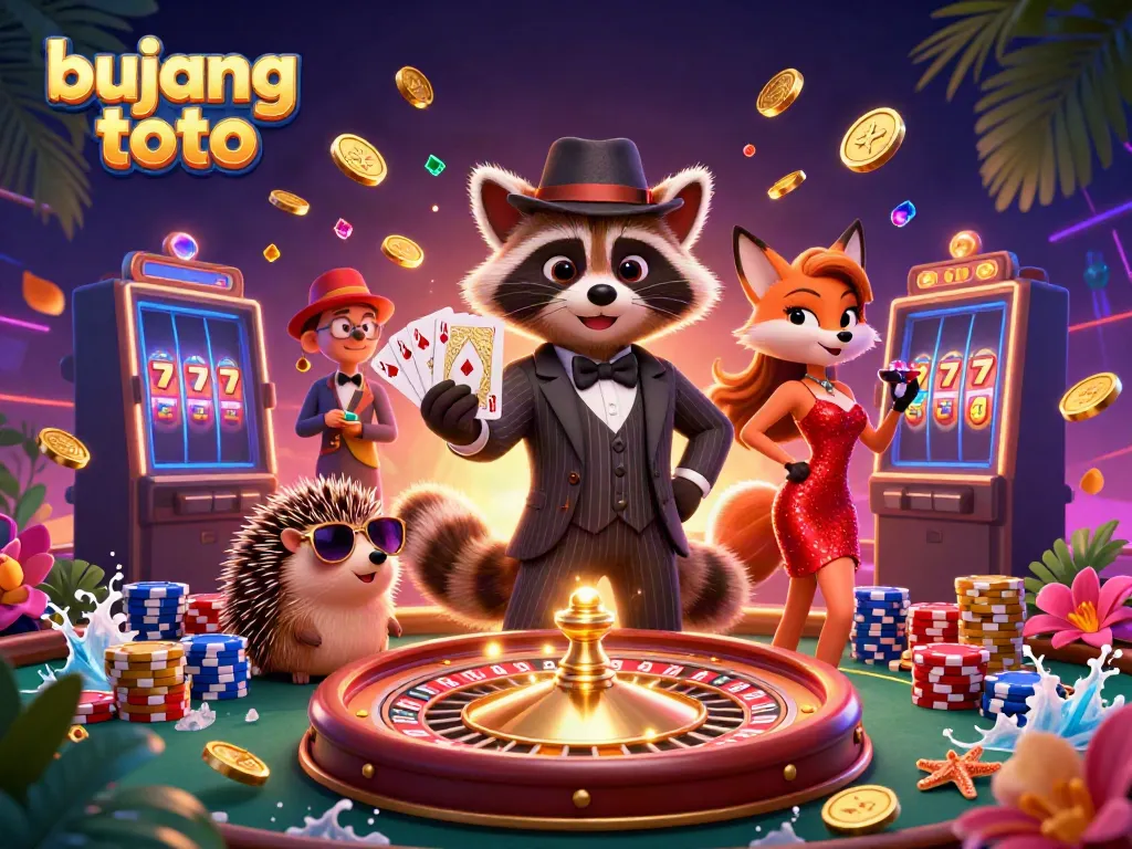 Play slots and win with bujang toto in this vibrant casino scene with animated characters and game elements.