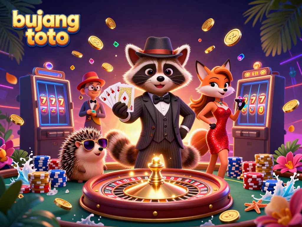 Play slots and win with bujang toto in this vibrant casino scene with animated characters and game elements.