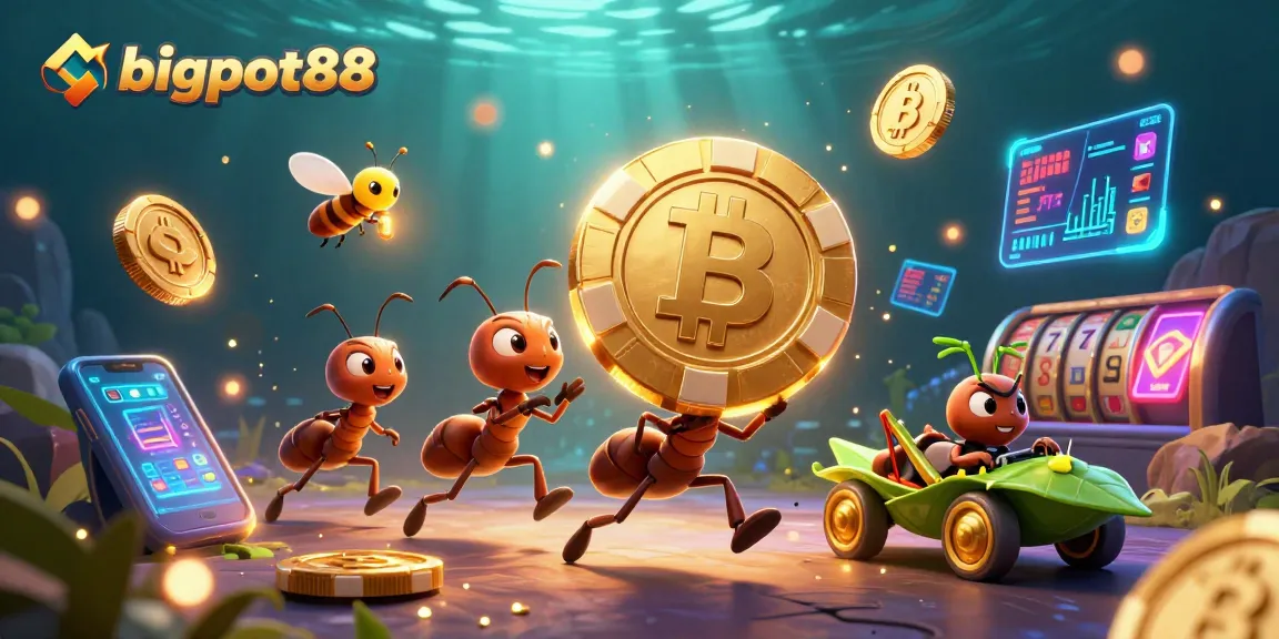 Bigpot88 team of ants triumphantly carrying a giant poker chip through an exciting cyber tunnel.
