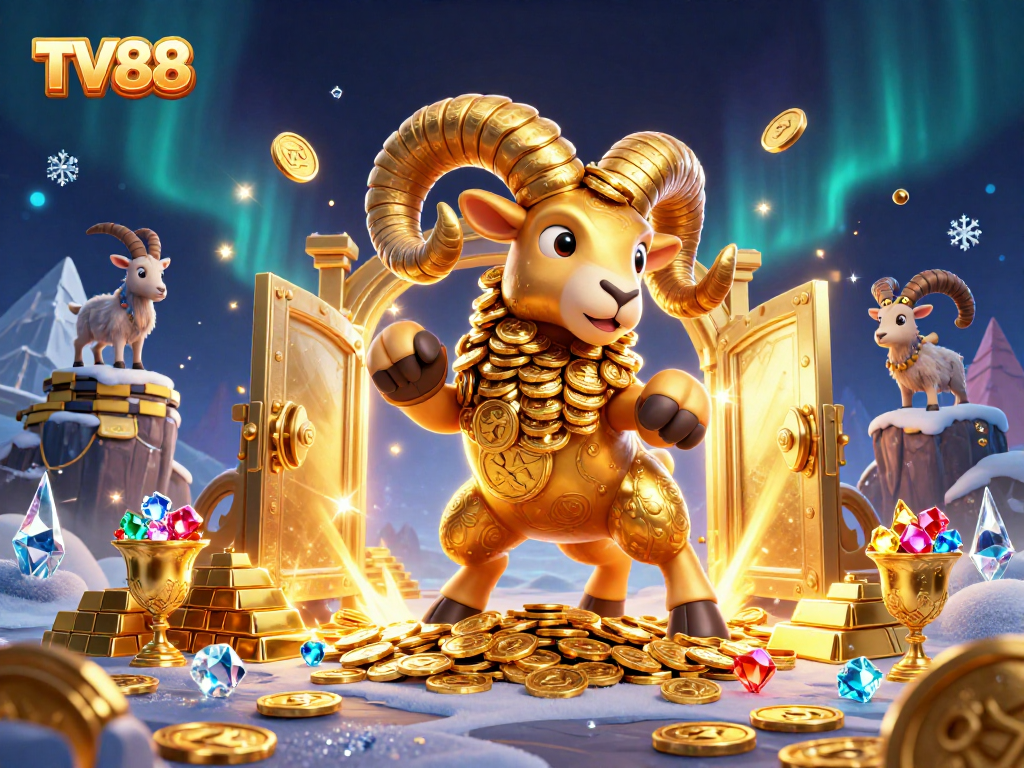 Experience the excitement of TV88 with a dynamic 3D golden ram charging at a treasure vault!