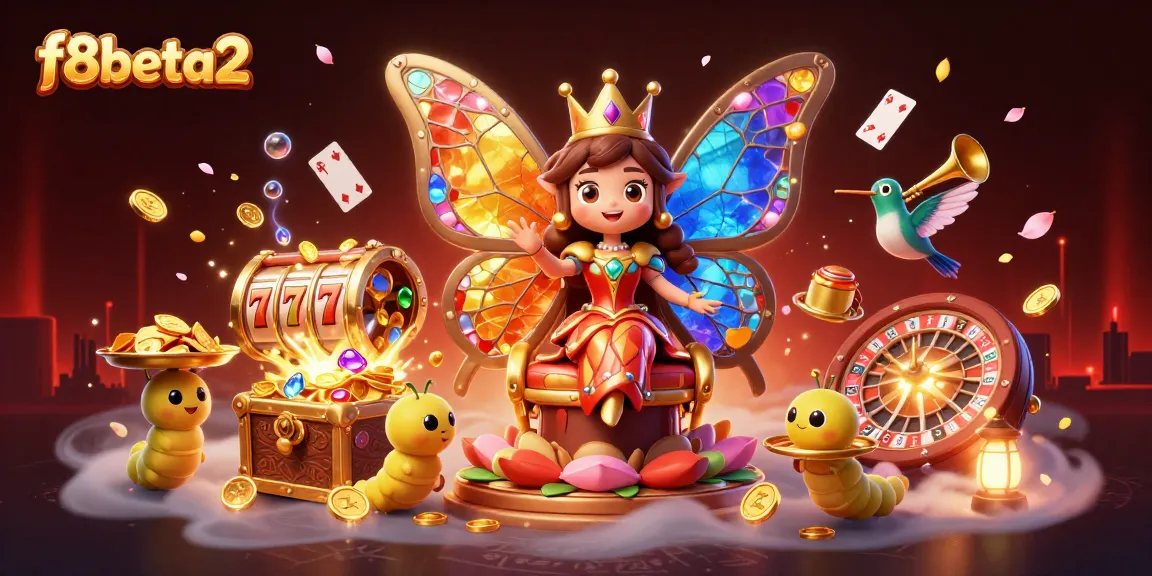 Experience thrilling gameplay at f8beta2 with a vibrant illustration showcasing a butterfly queen amid gems and spinning slots.