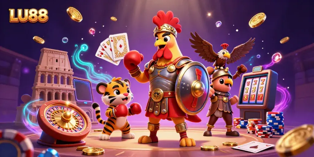 Experience thrilling gaming action at LU88 with a gladiator rooster amidst sparkling casino elements.