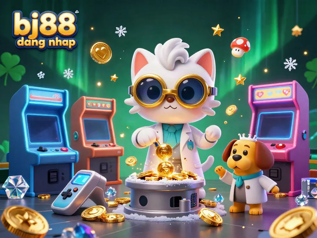 Engage with bj88 dang nhap in a vibrant 3D casino scene filled with golden coins and arcade machines.