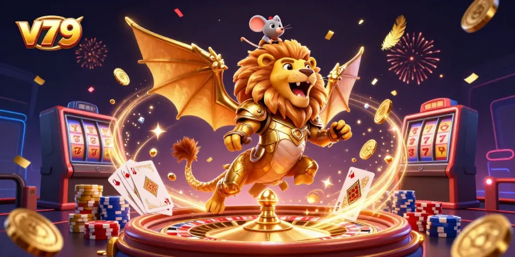 Feel the winning thrill at v79 with stunning golden coins, vibrant poker chips, and an adventurous chimera.