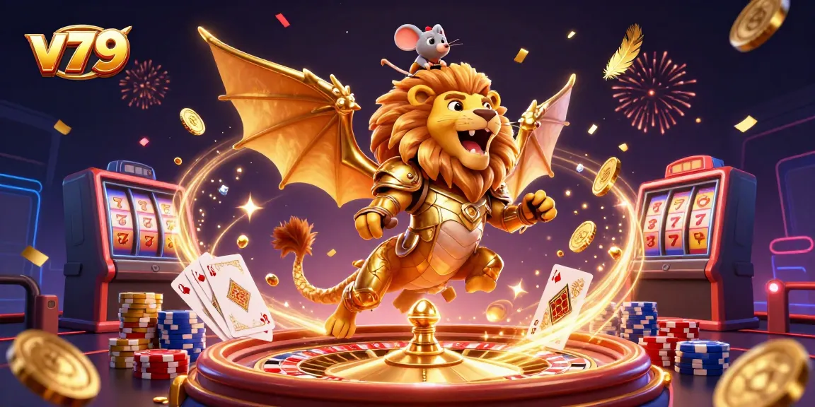 Feel the winning thrill at v79 with stunning golden coins, vibrant poker chips, and an adventurous chimera.