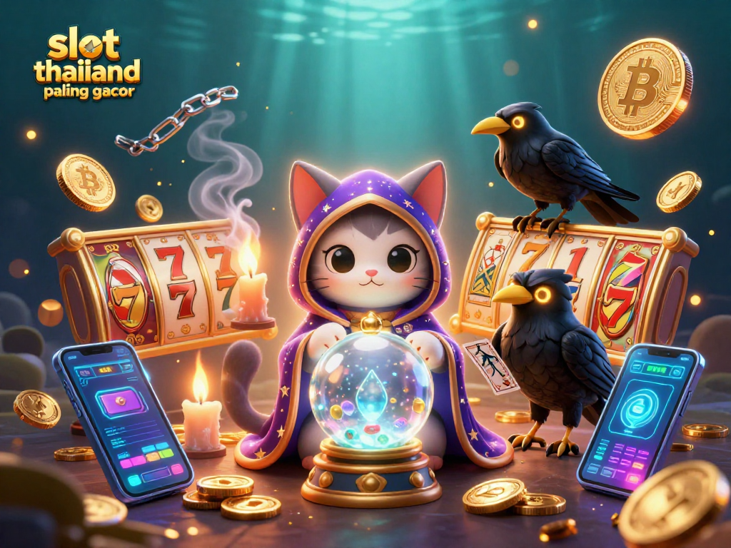 Engage with slot thailand paling gacor through a vibrant 3D casino scene featuring a mystic cat and a tarot-dealing raven.