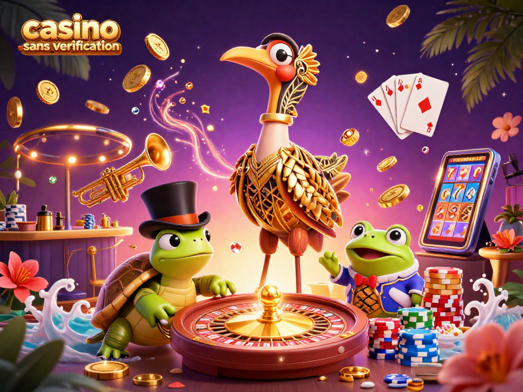 Jouer sur un casino sans vérification avec des personnages de jeux animés et des éléments de casino colorés.