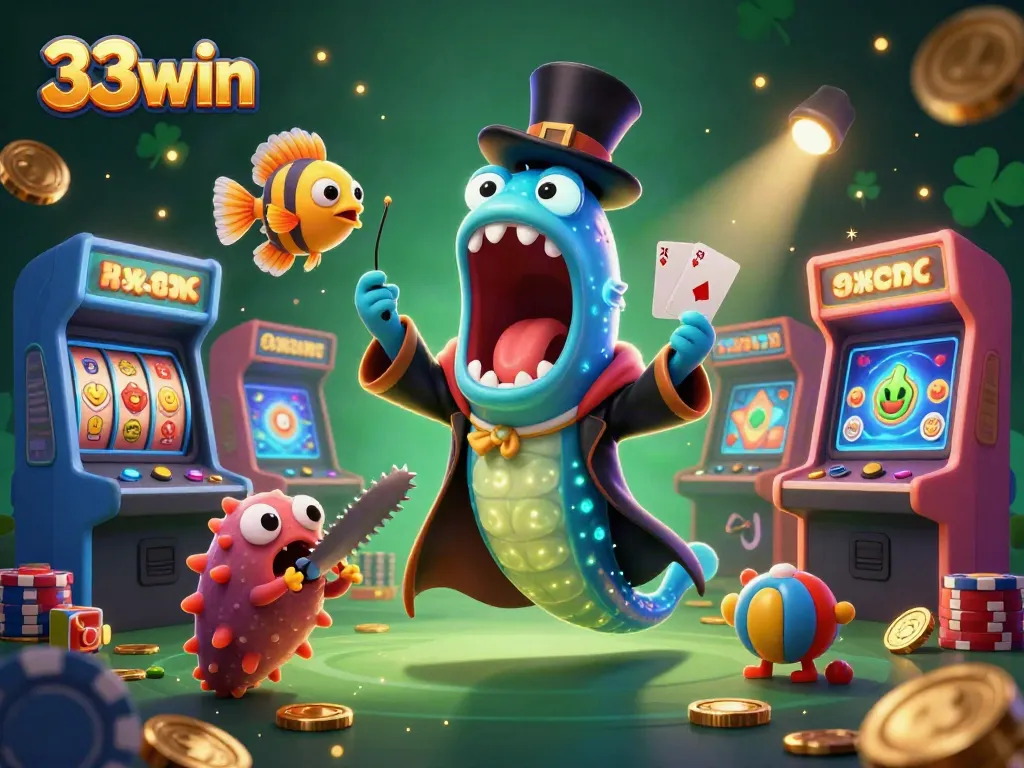 33win showcases a vibrant casino scene with glowing elements and characters engaging in exciting gaming activities.