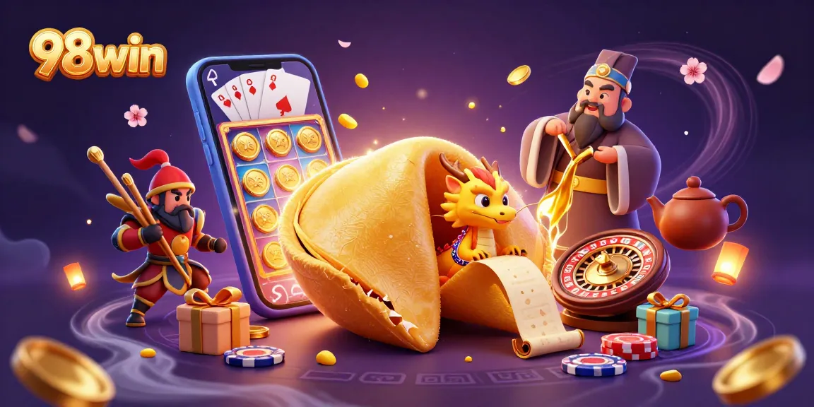 Win big at 98win with a vibrant scene of fortune cookies, golden dragons, and dynamic slot games.