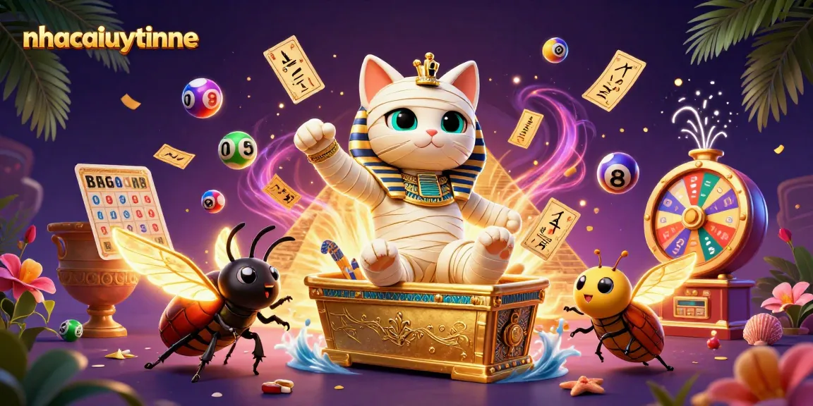 nhacaiuytinne shows a vibrant casino scene with an animated mummy cat and lottery elements.