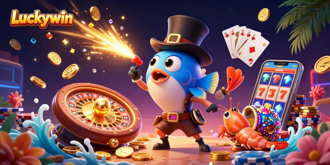 Experience the thrill of Luckywin with vibrant anglerfish and pirate shrimp surrounded by cascading coins and roulette magic.