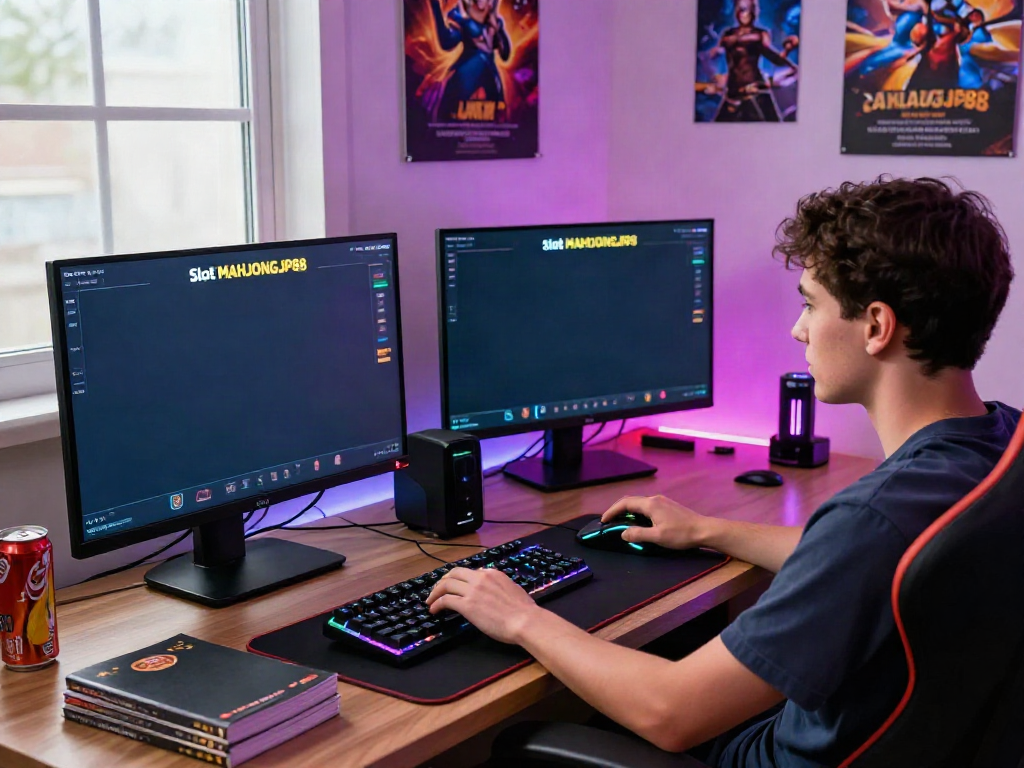 Engaging player focused on Slot MAHJONGJP88 in a vibrant gaming setup with ambient lighting.