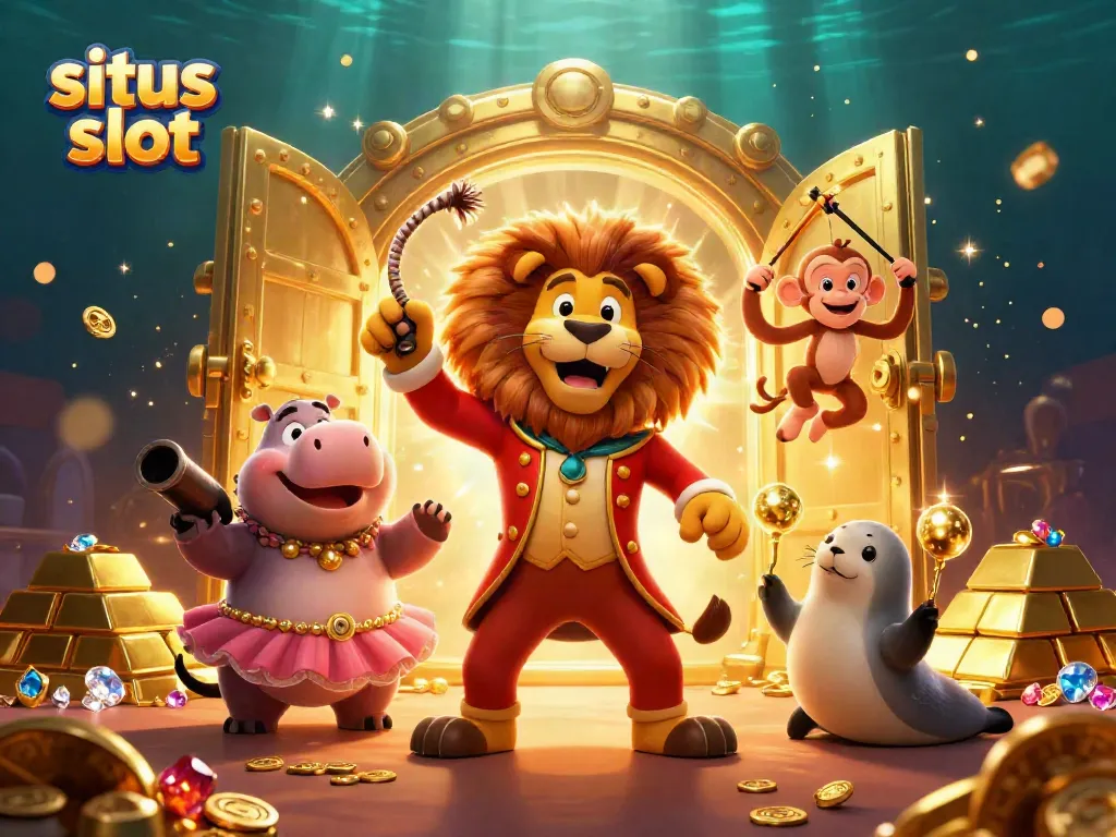 Slot gacor dengan karakter ceria dan banyak harta di sekitarnya.