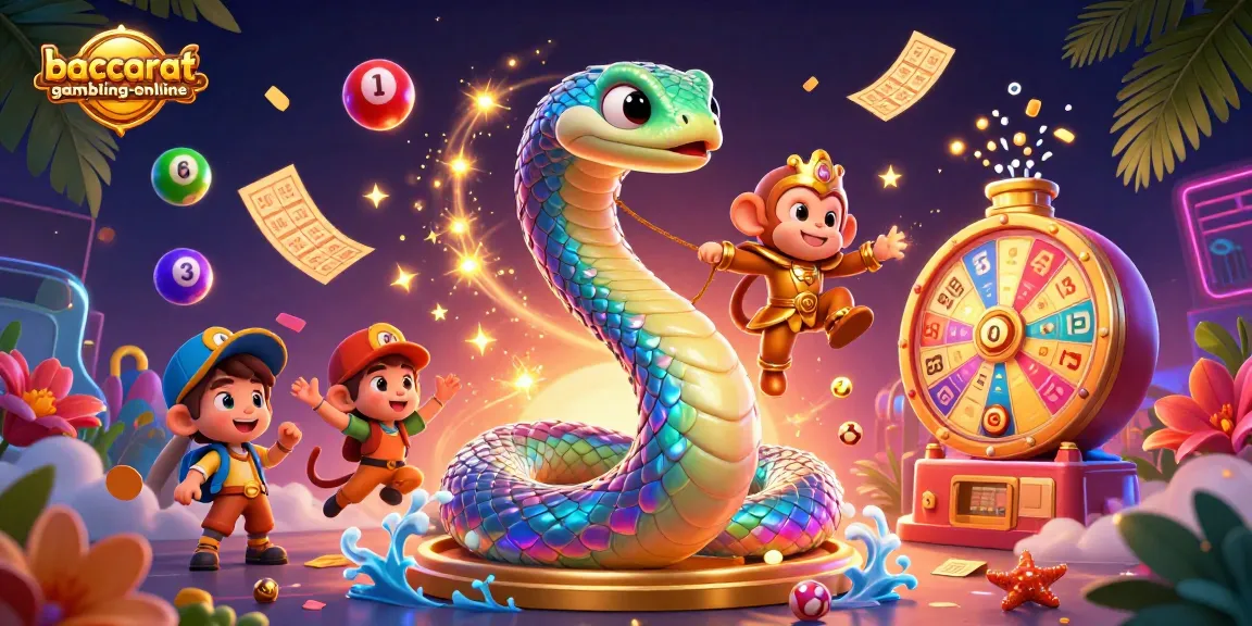 Baccarat-gambling-online scene showcasing a vibrant 3D illustration of a rainbow serpent and monkey king amidst colorful dynamic game elements.