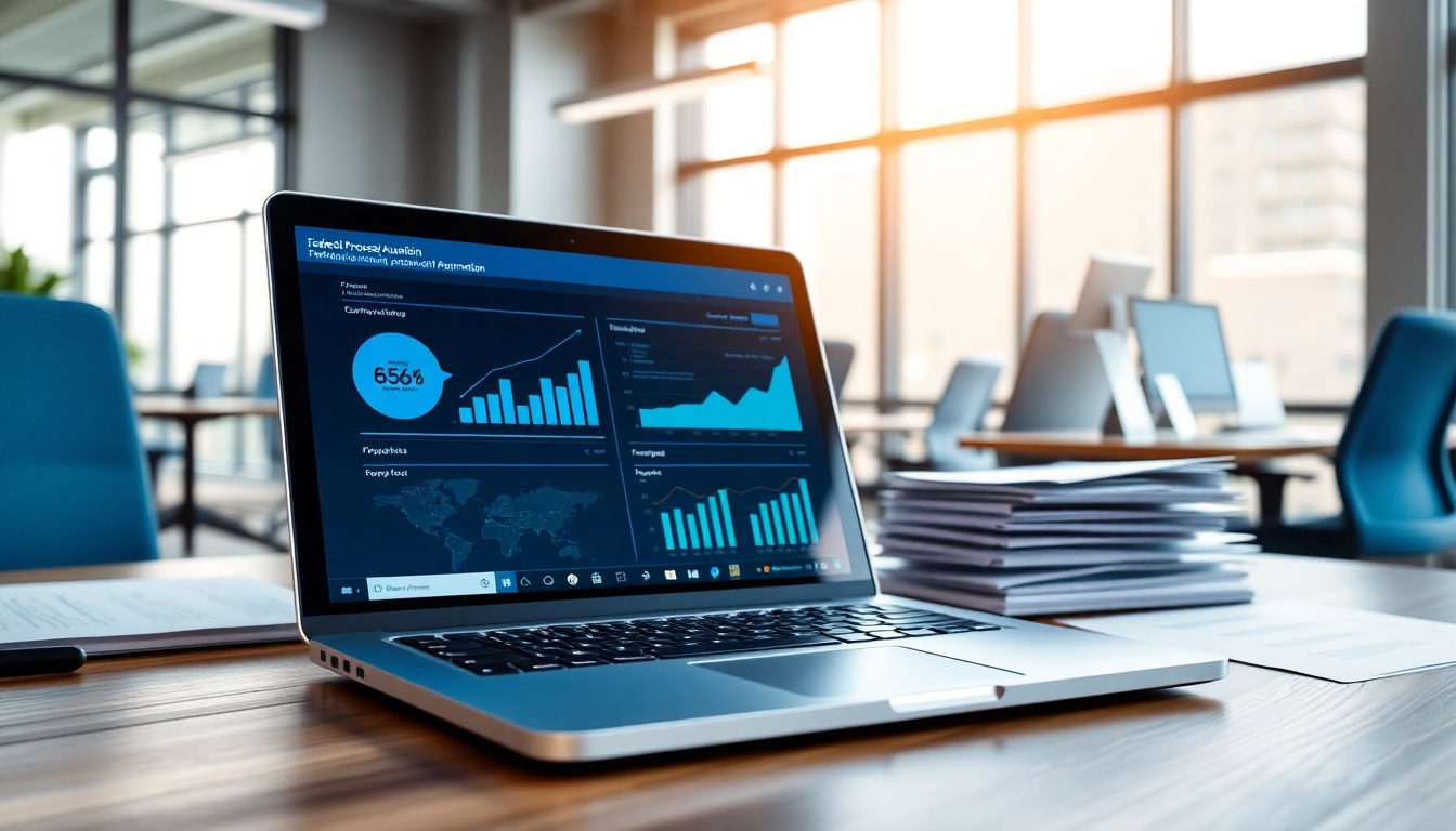 Streamlined federal proposal automation visual with a modern digital interface in a professional setting.