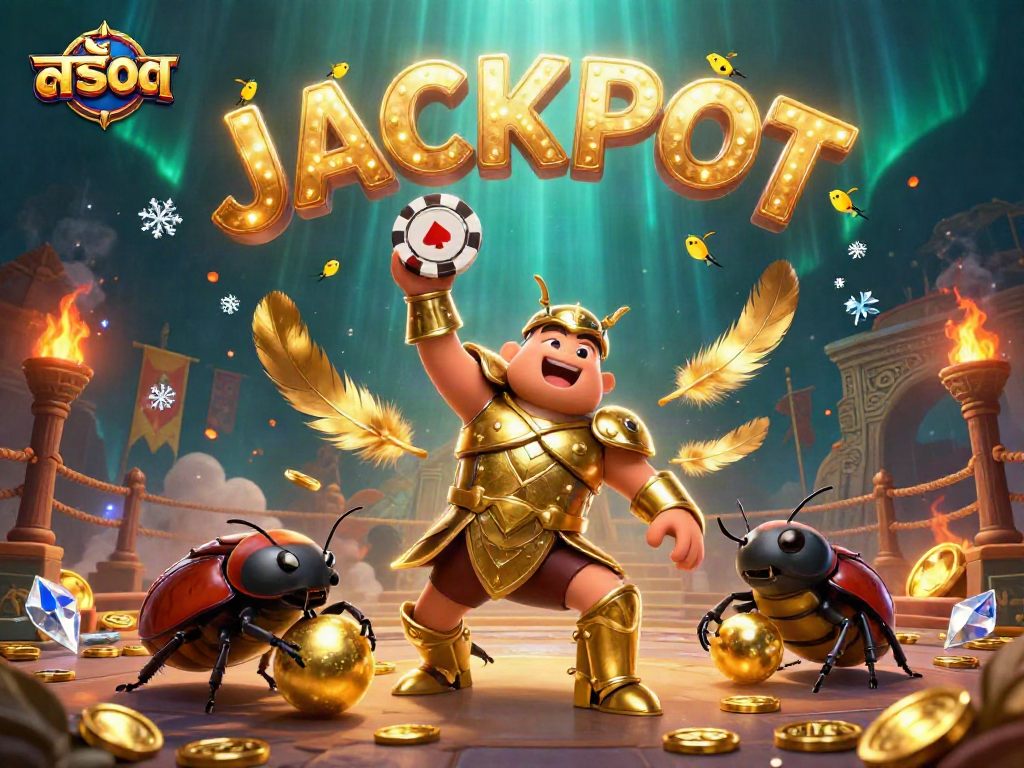 Experience thrilling สล็อต action with a victorious beetle champion lifting a poker chip amidst a vibrant casino scene.