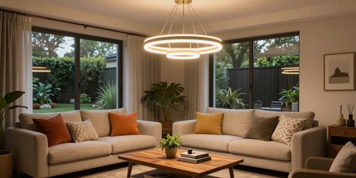 lustra living elegantă într-un living confortabil, cu canapea și cărți decorative