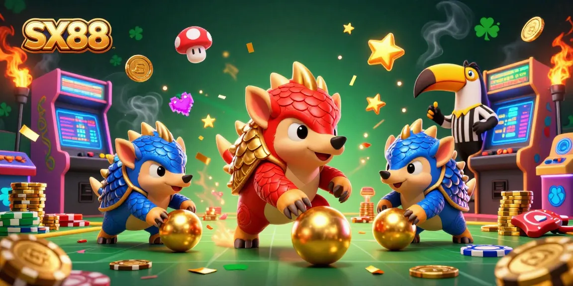SX88 pangolins in a dynamic casino scene rolling golden balls and bowling poker chips, backed by 3D arcade machines.