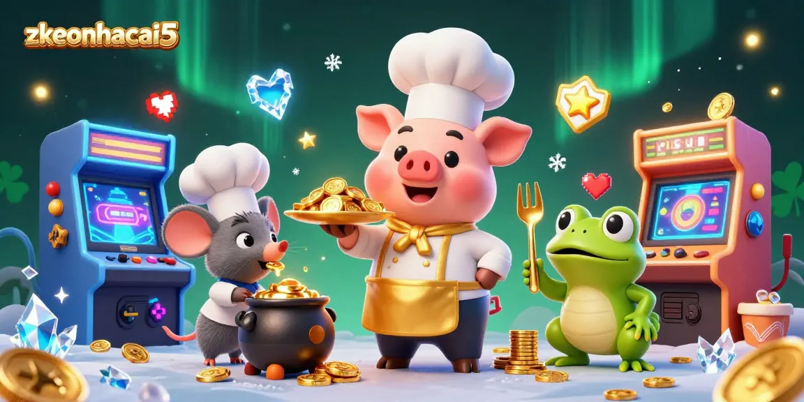 Engage with zkeonhacai5 as the 3D chef pig offers gold coins, surrounded by colorful gaming elements.