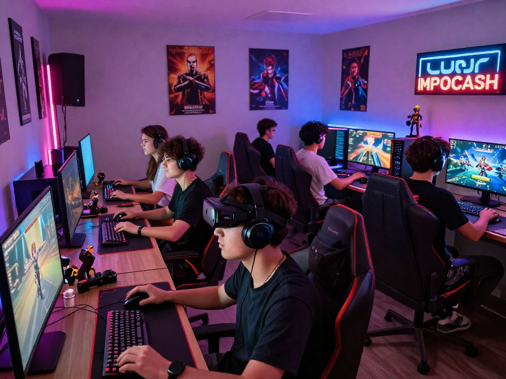 Exciting gaming session showcasing diverse players engaging with MPOCASH gaming platform, highlighting vibrant setups and community atmosphere.