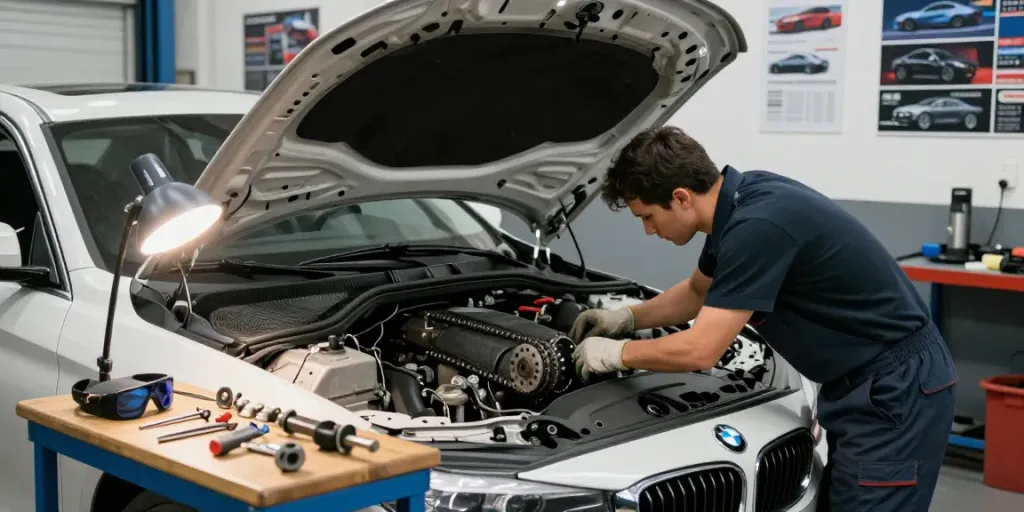 Steuerkette wechseln Hannover, Mechaniker arbeitet konzentriert an einem BMW im Autohaus.