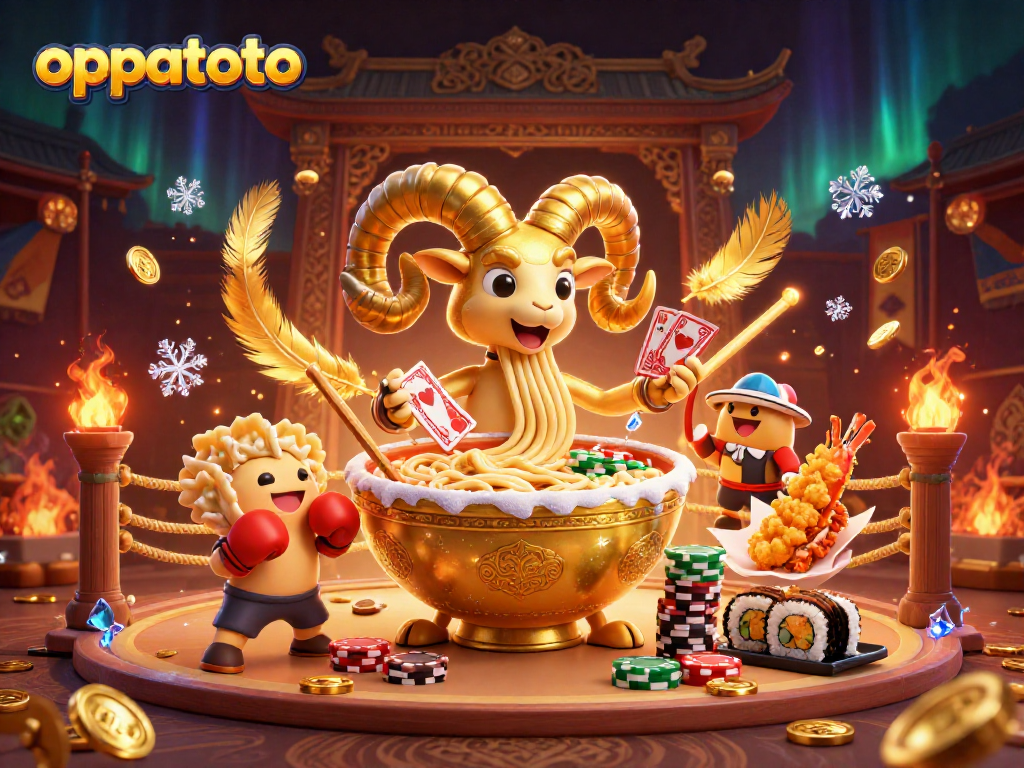 oppatoto features a golden ramen bowl dealer in a vibrant casino arena, stacking chips and dealing cards.