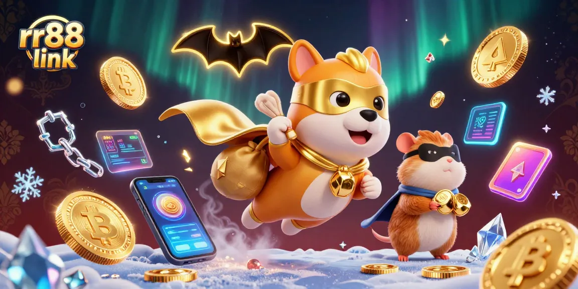 Engage with rr88 link through a vibrant casino-themed 3D illustration featuring animated characters and crypto elements.