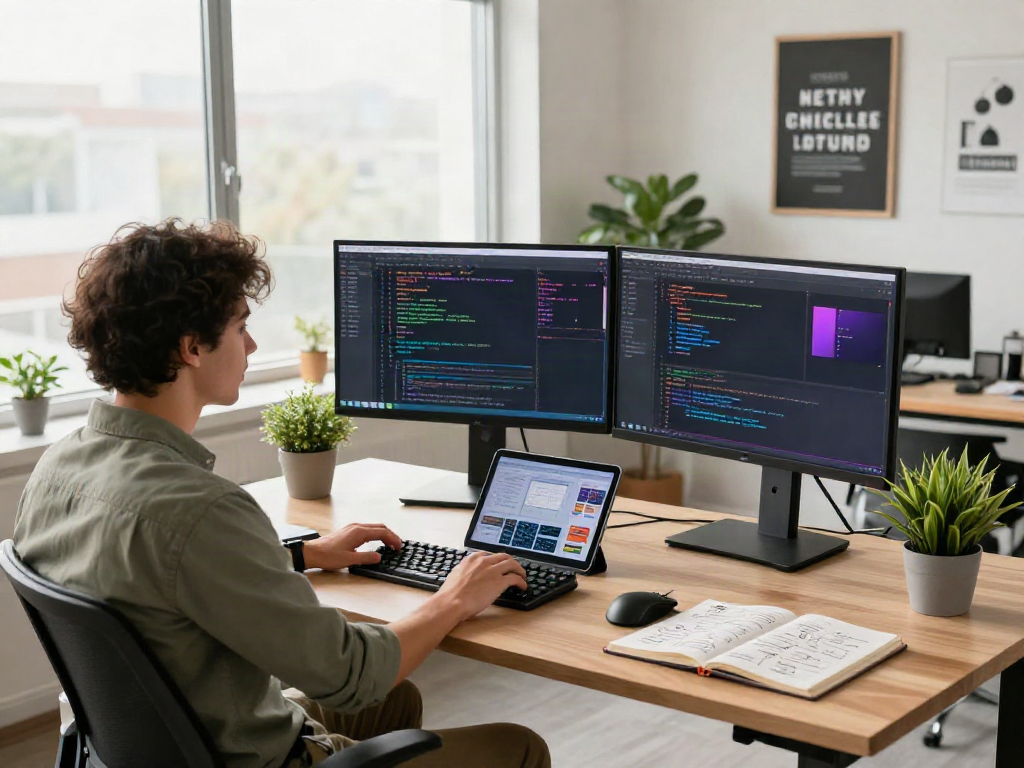 Developer coding at desk with technology tools, crushon productivity environment