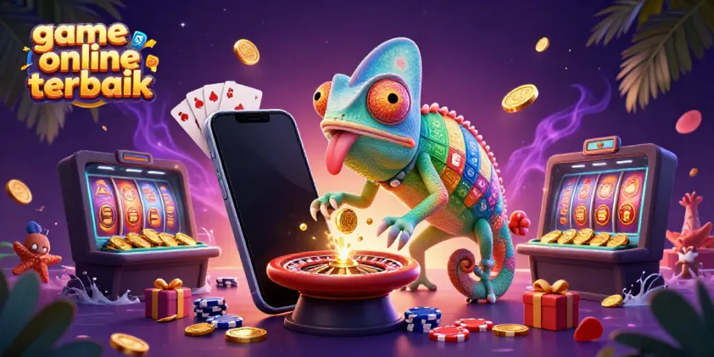 Experience vibrant game online terbaik with an animated chameleon casino owner catching golden coins
