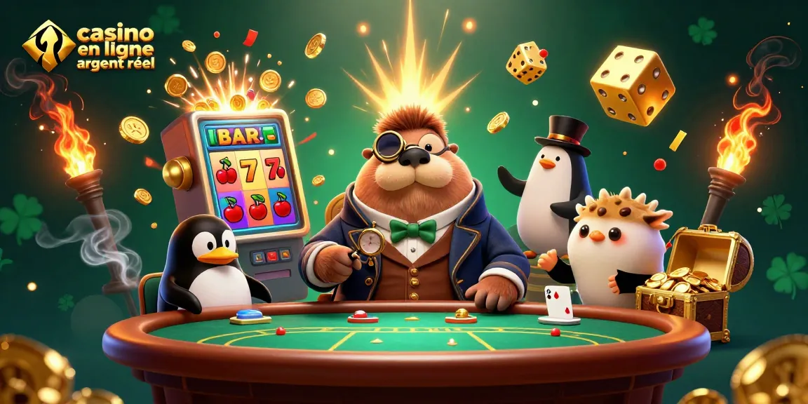 Jouer au casino en ligne argent réel avec un ornithorynque bluffeur et un dealer pingouin, ambiance festive.