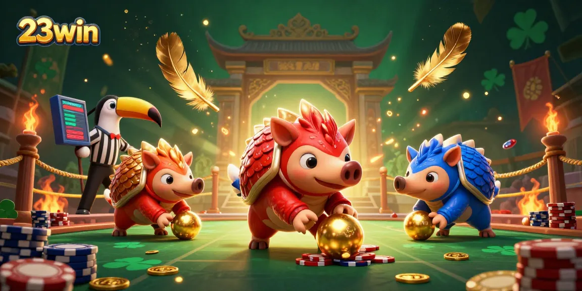 Engaging 23win illustration featuring pangolins in a competitive casino setting with vibrant elements.
