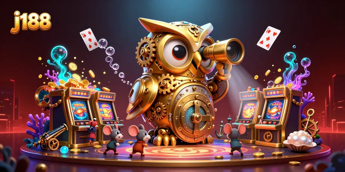Engage with j188's dynamic casino scene featuring a clockwork owl and animated patrons.