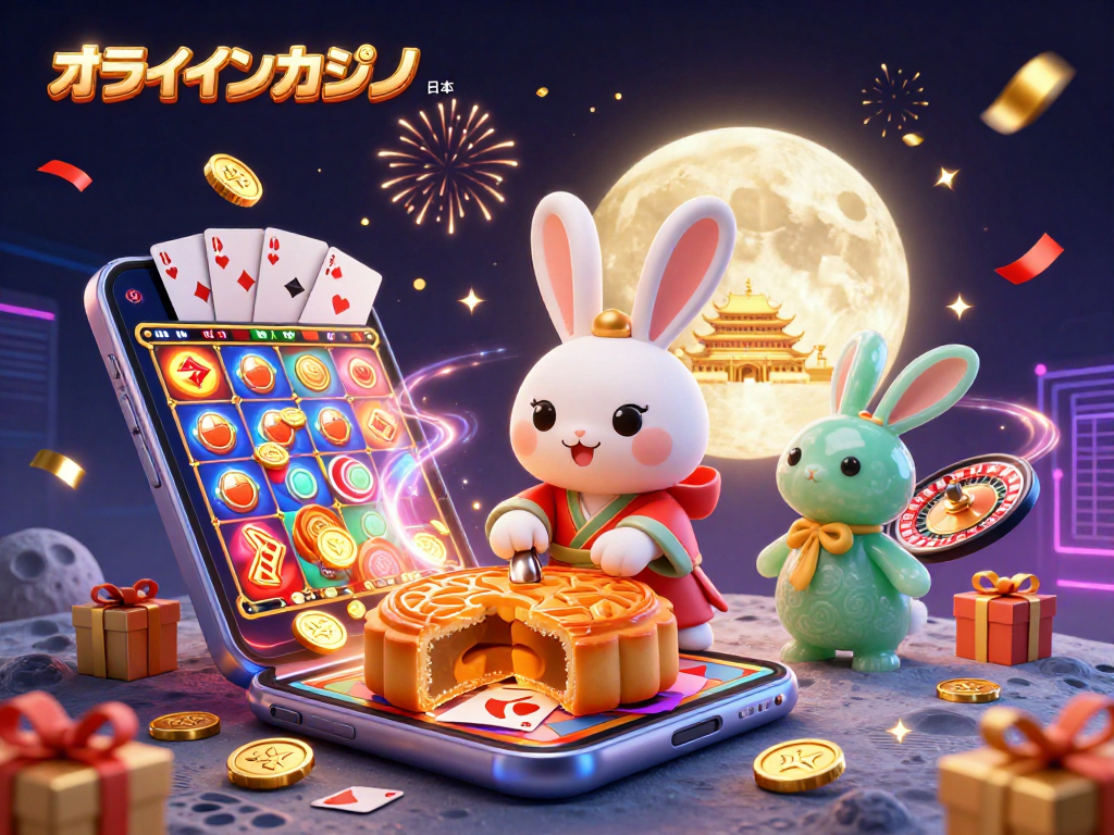 オンラインカジノ 日本の動的なシーン、月のうさぎとスロットゲーム、ポーカーコインが華やかに展開