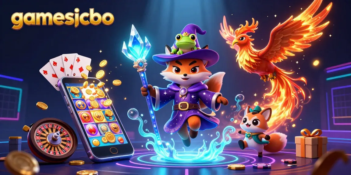 Engage with gamesicbo's thrilling gambling experience with a 3D wizard fox, phoenix, and vibrant casino elements