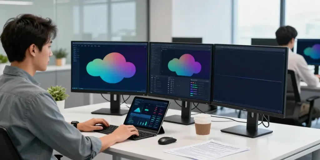 Engineer managing microsoft azure cloud managed services at a modern tech office.