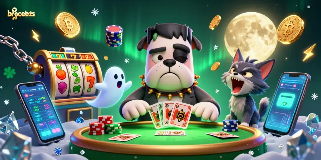 Unleash your luck with unique bracelets as a Frankenstein bulldog deals cards at a casino.