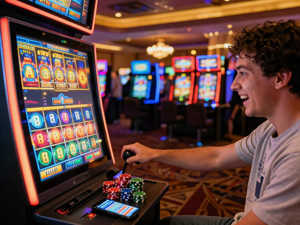 Excited player at vibrant slot gacor machine in lively casino environment.