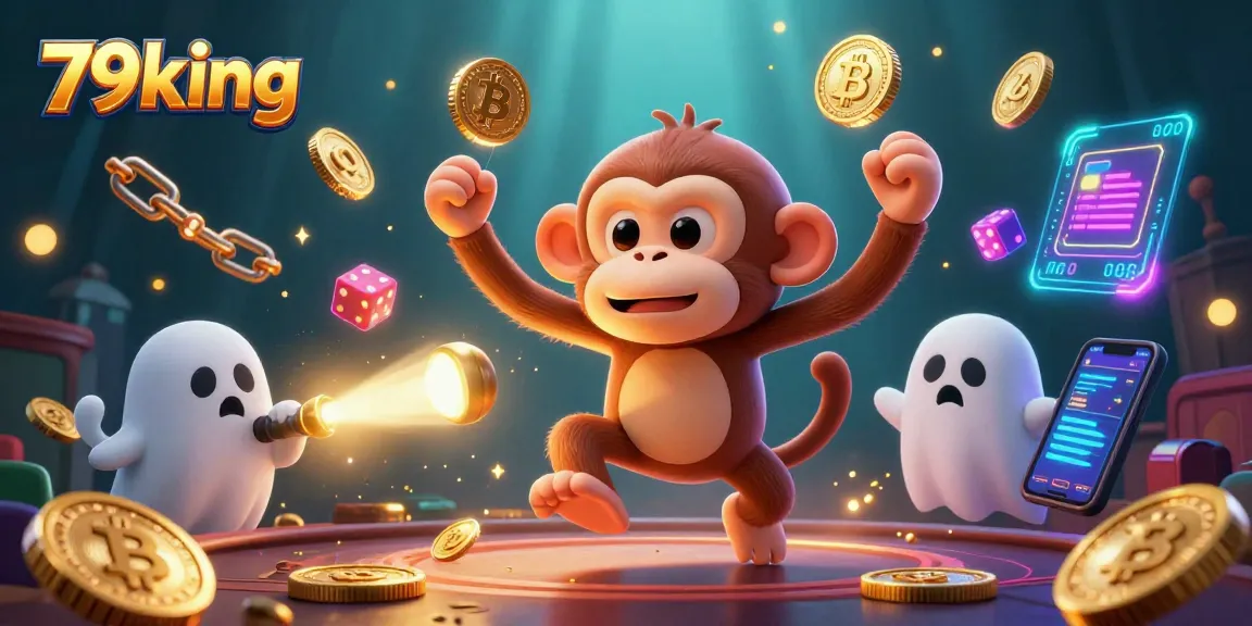 Engage with the thrilling spirit of 79king in this vibrant haunted casino scene featuring a playful poltergeist monkey.