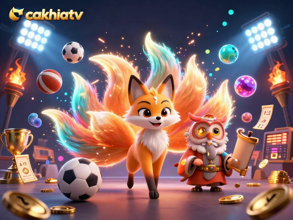 CakhiaTV showcases a vibrant sports betting scene with a magical nine-tailed fox, wise owl, and dynamic sports elements.