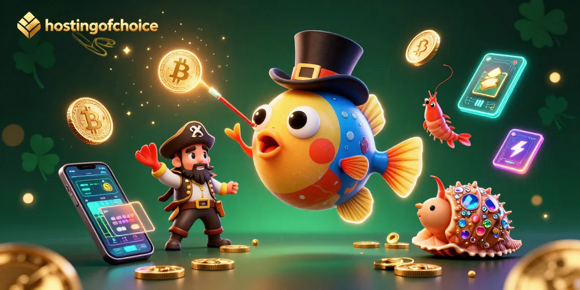 Engage with hostingofchoice, showcasing vibrant 3D characters collecting coins in a lively casino scene.