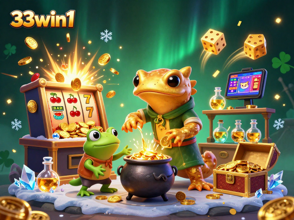 Experience thrilling wins at 33win1 with a vibrant casino scene featuring gold elements and lively characters.