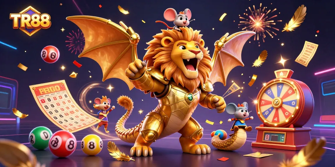 Experience thrilling gameplay at TR88 with a roaring chimera and vibrant gaming elements in action.