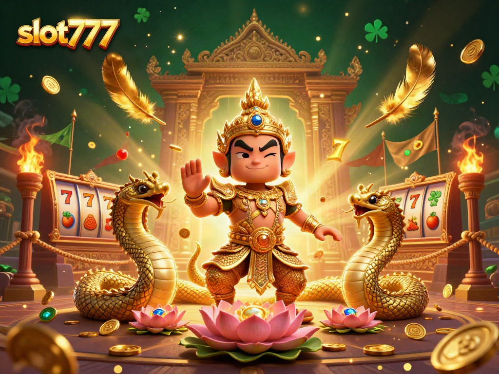 Memenangkan permainan slot777 dengan karakter penjaga kuil Thailand dan elemen kasino yang berkilauan