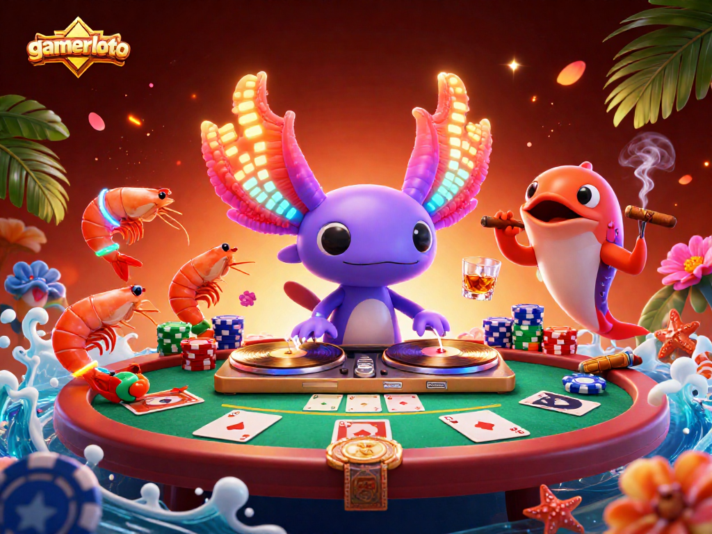 Engage with gamerloto's vibrant casino scene featuring a neon axolotl DJ amidst poker elements and lively aquatic characters.