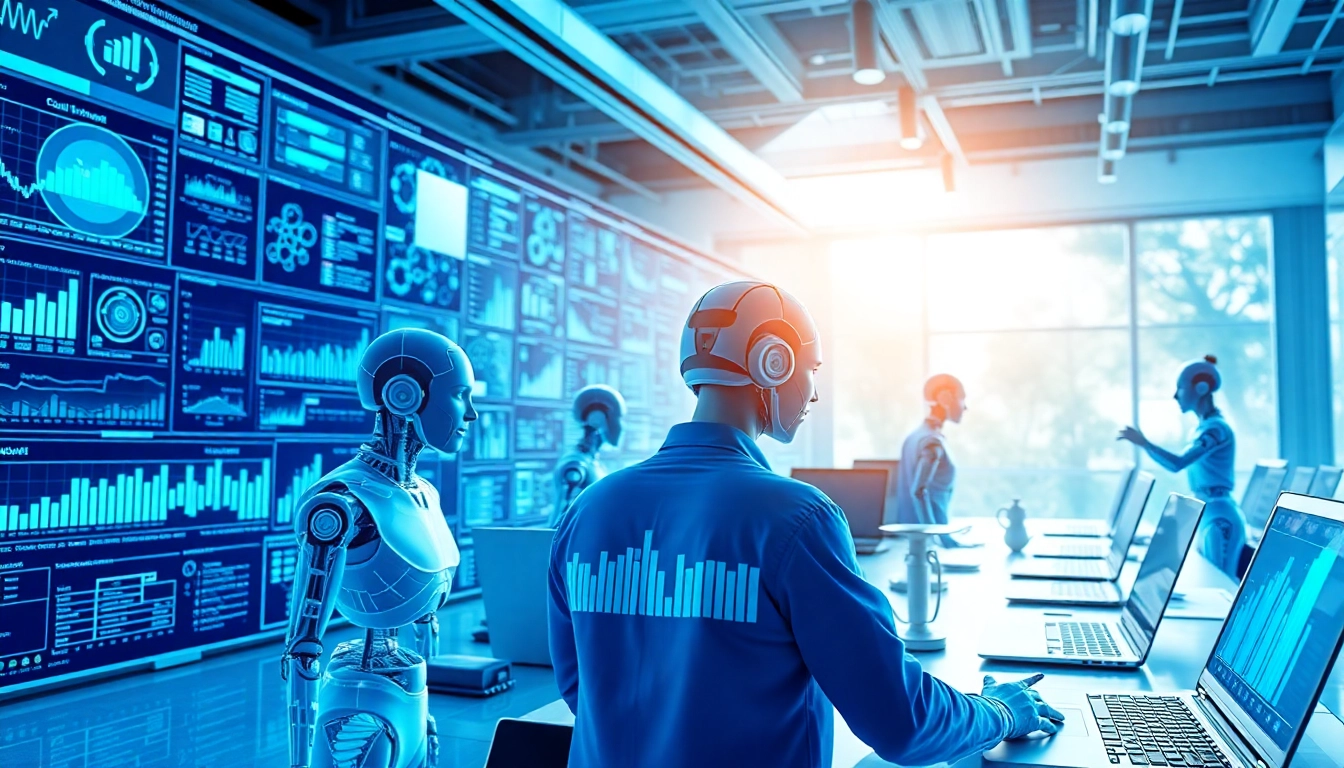 Illustration of Ai agents interacting in a digital workspace with autonomous software and user interfaces.