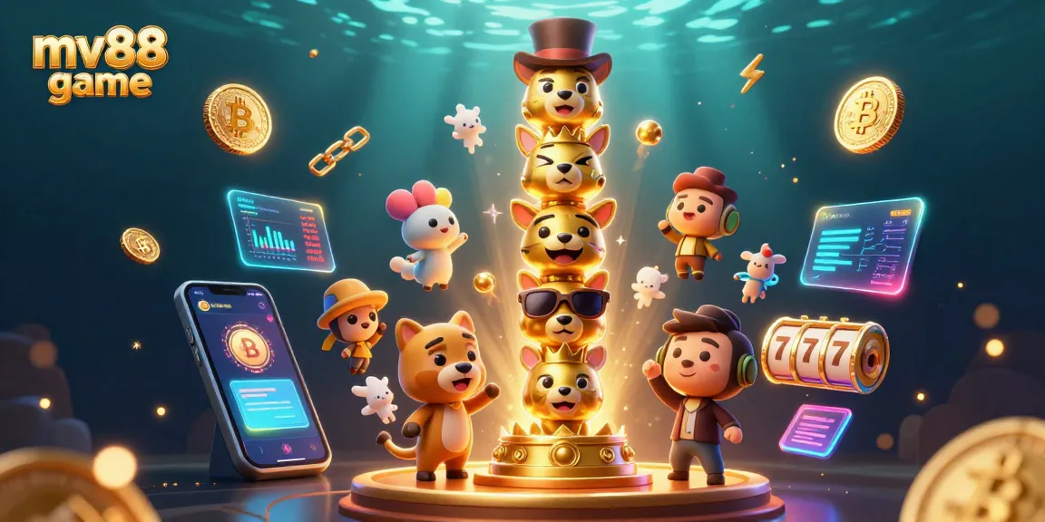 Engage with the vibrant mv88 game experience surrounded by dynamic casino elements and crypto visuals.