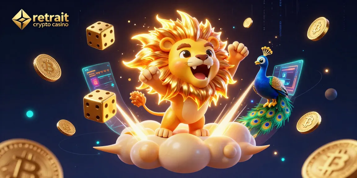 Retrait crypto casino : illustration dynamique d'un lion solaire entouré de crypto-monnaies et d'éléments de jeu